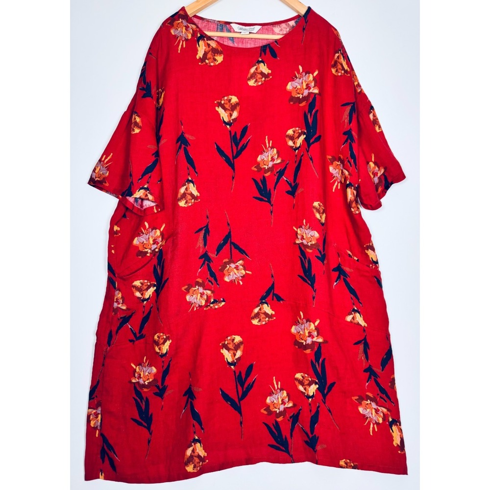 Coldwater Creek Linen Shift Dress 1X Red Floral European Flax Pockets Tunic